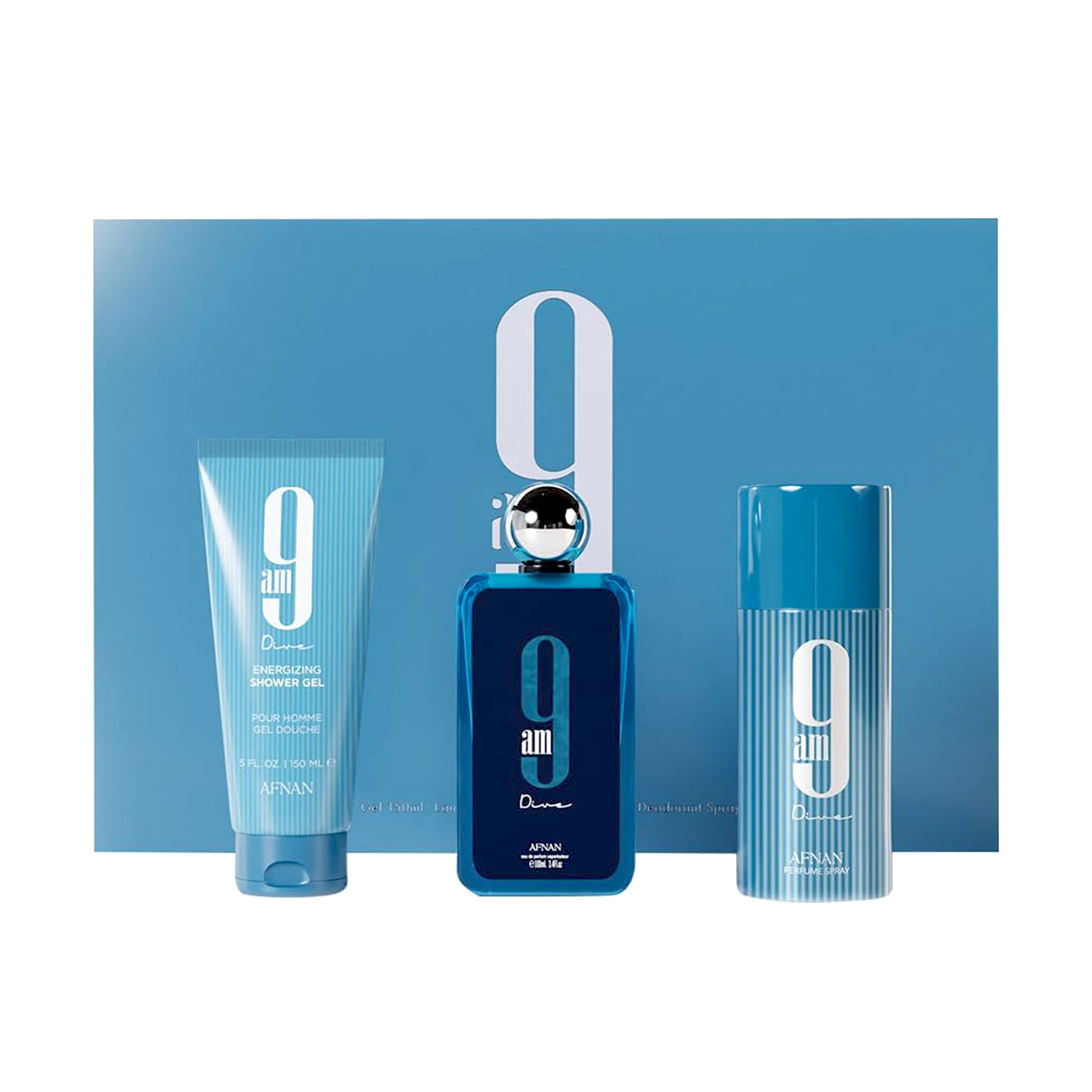 Perfume Árabe Afnan 9AM Dive Set Unisex EDP 100ml + Shower Gel + Deo